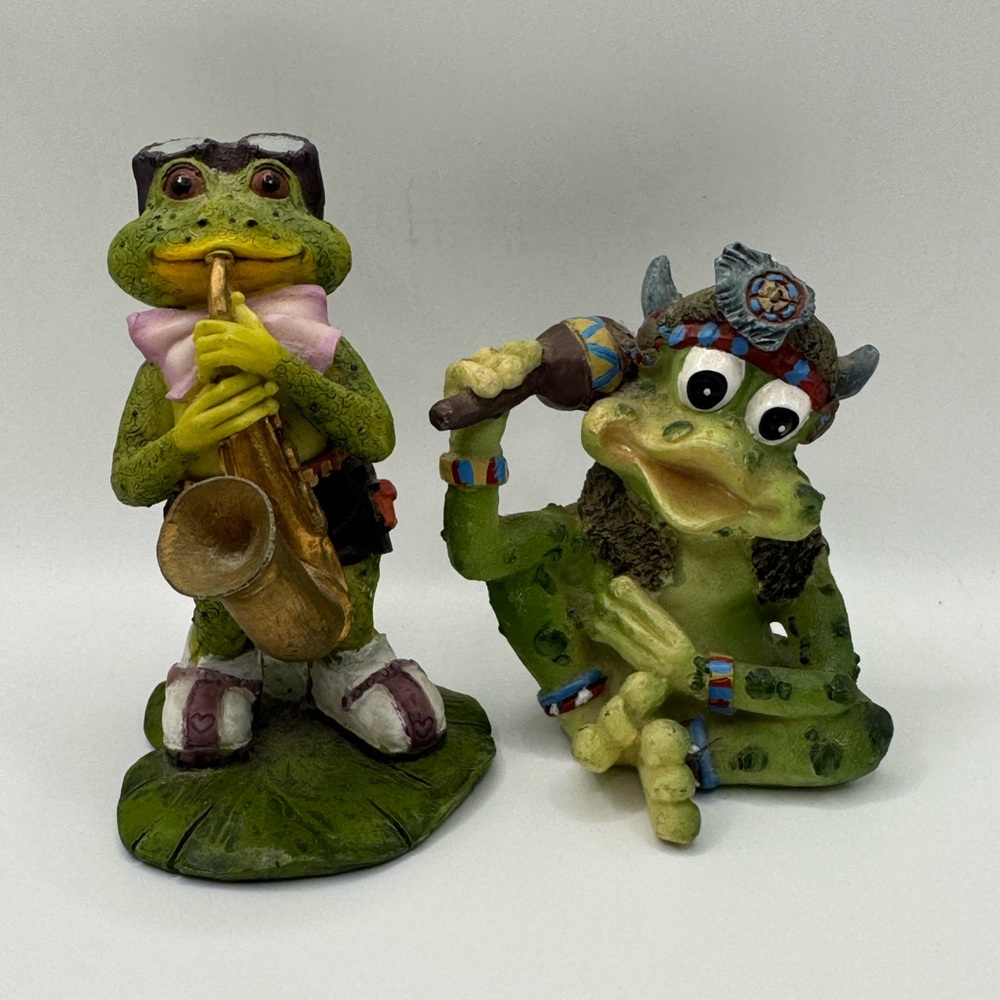 Green Frog Figurines with Musical and Viking Themes